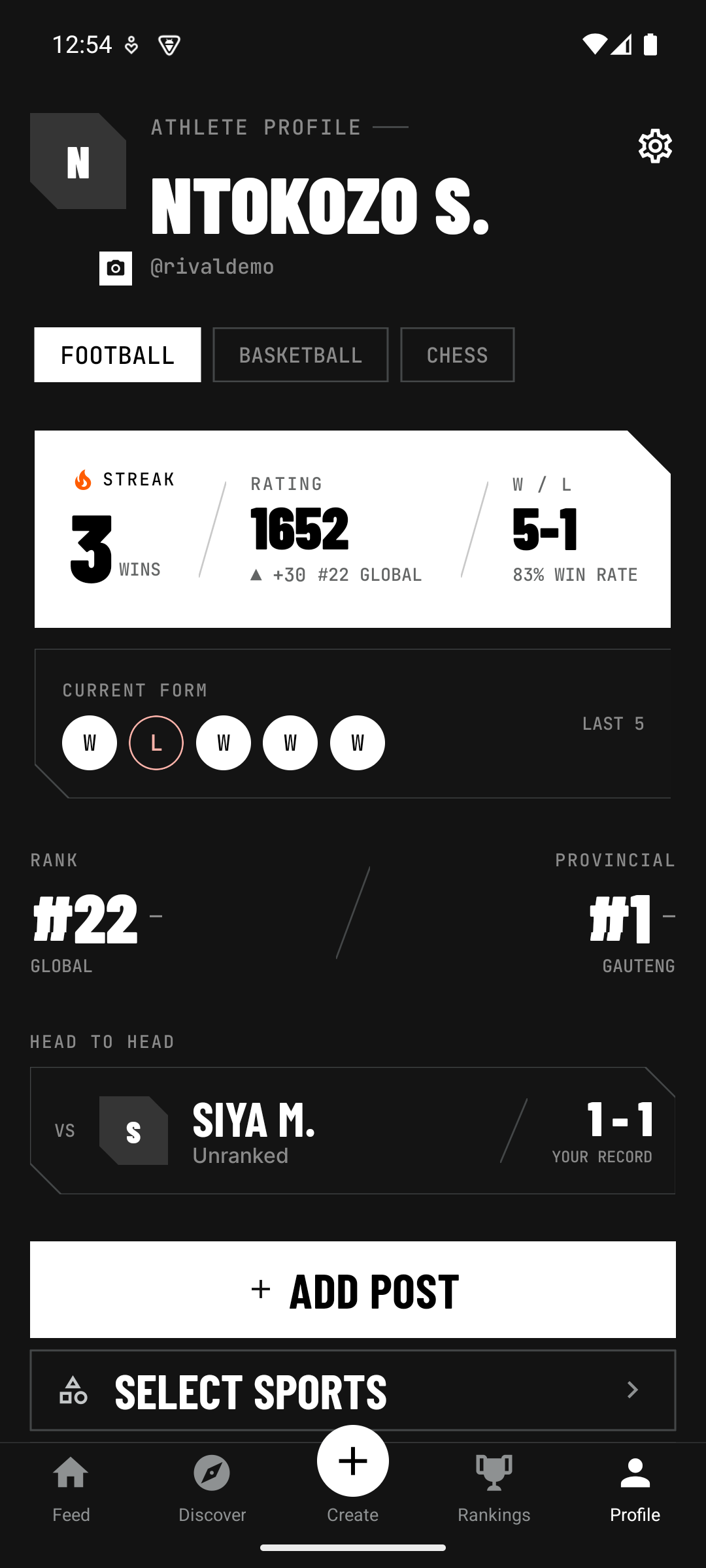 A Rivals profile in the app, showing rating, win streak, form and rank.